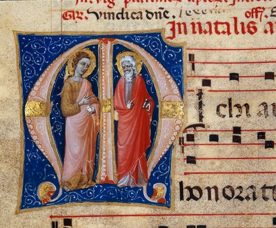 Miniaturseite eines Choralpergaments mit zwei Heiligen, Detail von Unknown